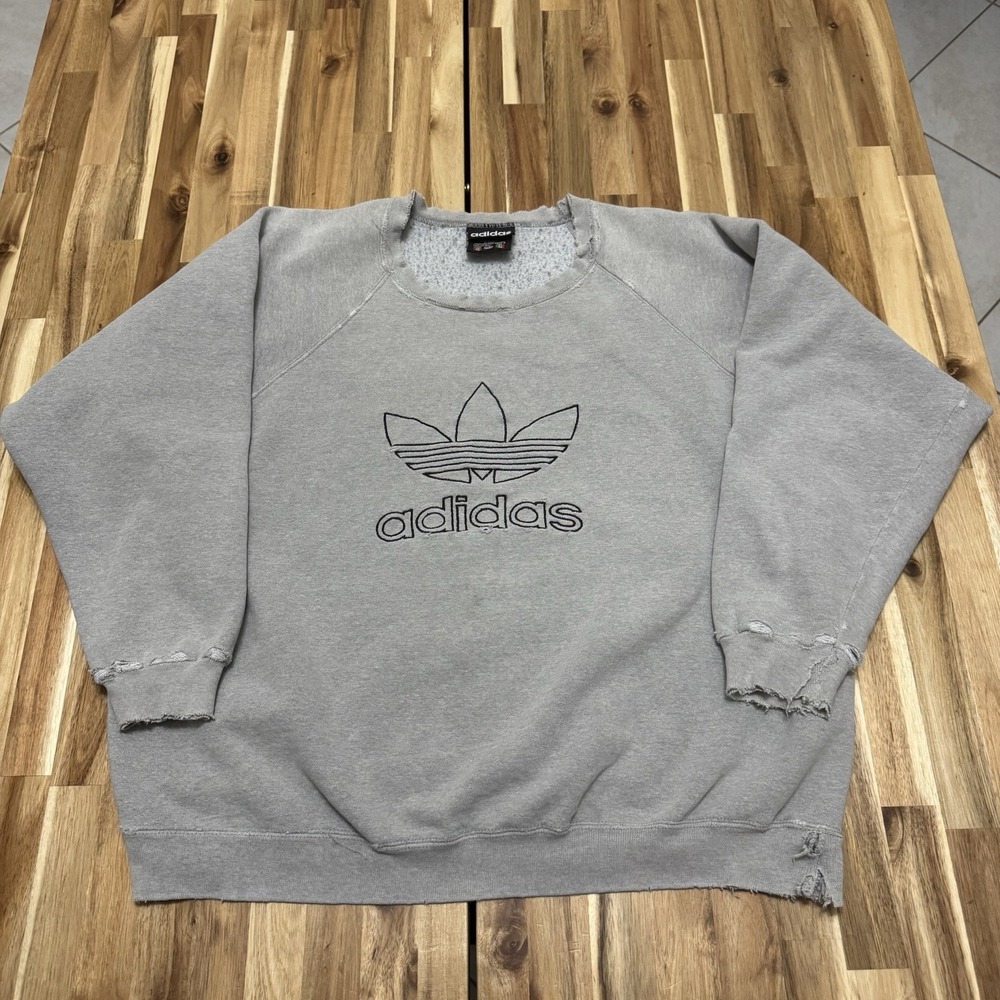 Vintage Adidas Sweatshirt Mens L Gray Distressed Trefoil Crewneck USA 90s